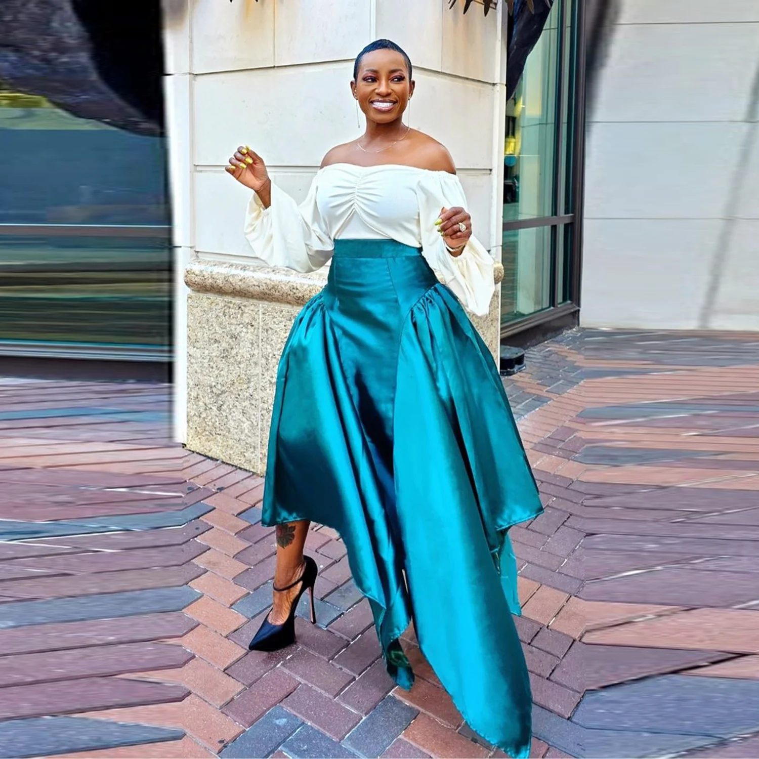 Elegant Blue High Low Women Skirts  A Line  High Street Office Lady Maxi Skirt Without Top Female Satin Women Saias