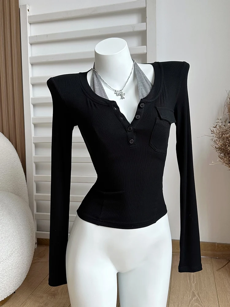 

Осенне-зимняя шикарная Винтажная футболка в Корейском стиле Y2k, повседневные футболки, Модный классический укороченный Топ с длинным рукавом и V-образным вырезом, с лямкой на шее, приталенный силуэт Gyaru