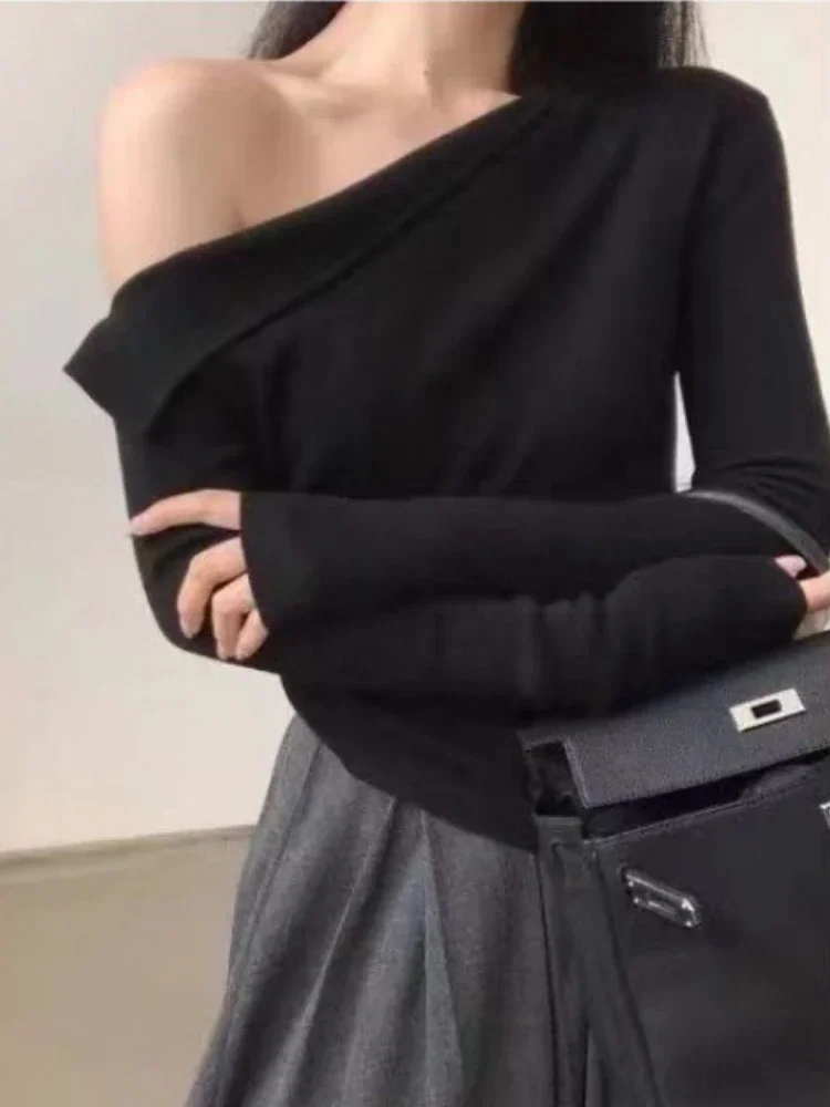 

Vintage Solid Slash Neck Off Shoulder Tshirts Women Y2k Aesthetic Slim Bottoming New Long Sleeve All Match Simple Tees