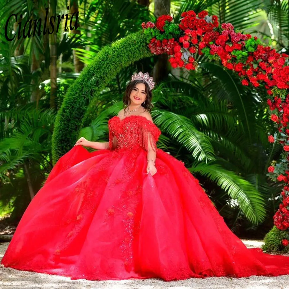 

Red Quinceanera Dresses Lace Floral Applique Beads Ball Gown Quinceanera فساتين Customized Sweet 16 Dresses