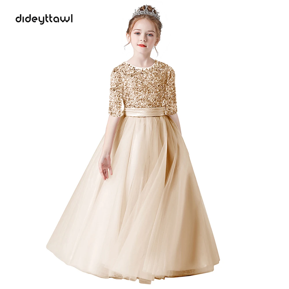 Dideyttawl Half Mouwen Bloem Meisje Jurken Bruidsmeisje Pailletten Tulle Puffy Rok Meisjes Verjaardagsfeestje Pageant Gown