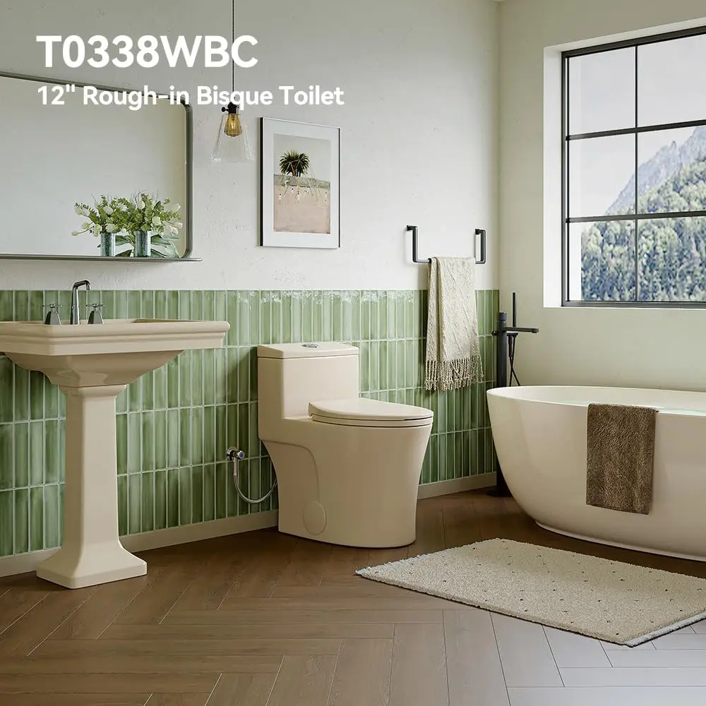 Elongated One Piece Toilet Bisque ADA Toilet 17.3" with Comfortable Chair Height Seat Modern Toilet for Bathroom 4