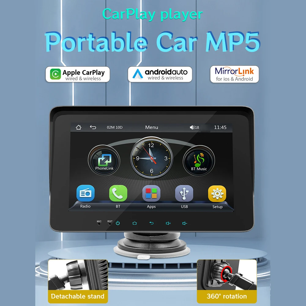 7 Inch Car Stereo MP5 Player BT Hands-Free Calling FM Radio Support Carplay Android Auto Phone Link Reversing Assist Dual USB