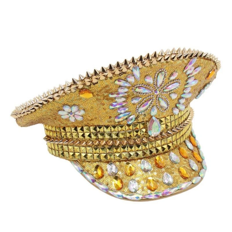 

Golden Captain Hat Shining Crystal Gleaming Hat for Club Carnivals Dropship