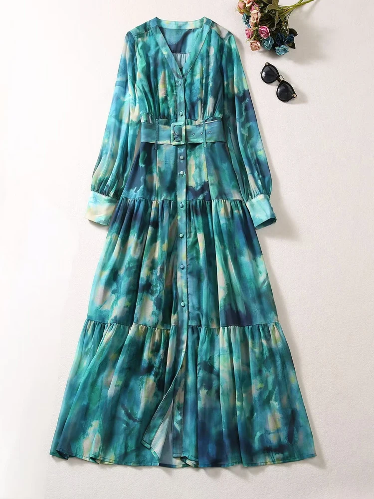 

Autumn Print Long Sleeve Maxi Dresses for Women 2023 Elegant Vestidos Largos De Mujer Green Holiday Party Robe Femmes 2pcs