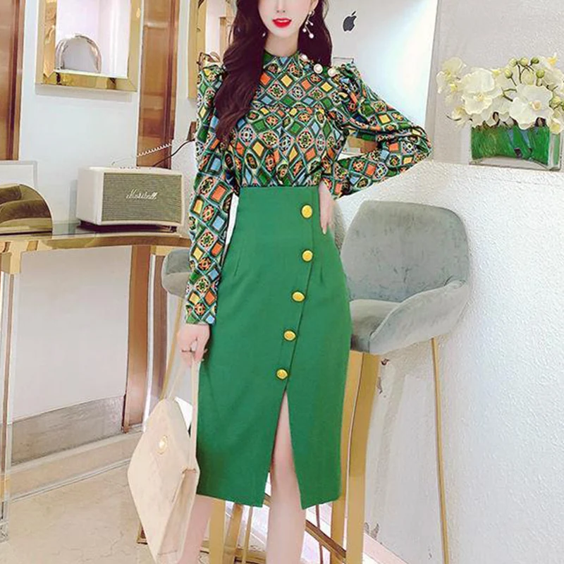 Spring Autumn Stand Collar Elegant Fashion Floral Printing Shirt High Waist Temperament Solid Color Breasted Slit Bodycon Skirt