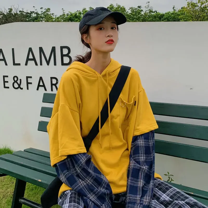 2023 Fashion Ladies Cotton Long Sleeve Top Streetwear Splice Hoody Korean Style Sweatshirt Women Spring Kawaii Hoodies Winter