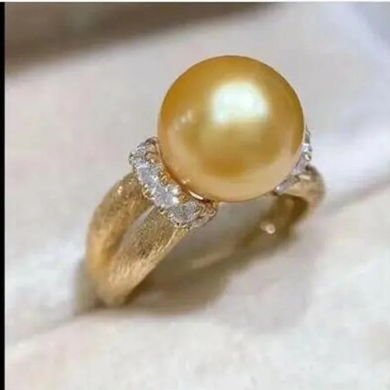 

huge Gorgeous AAAA 10-11mm round natural south sea Golden pearl ring 925s