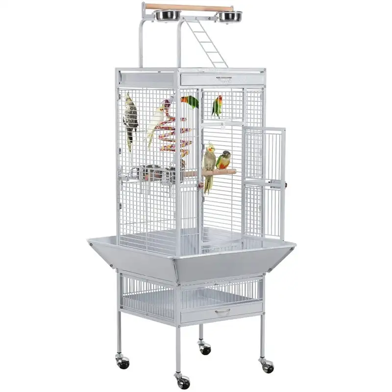 

61.5" Rolling Metal Bird Cage with Play Top, White Easy cleaning