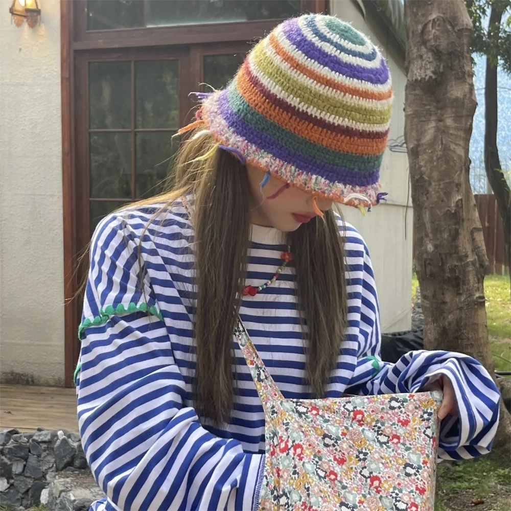 

Vintage Handmade Crochet Tassel Wool Hat Japanese Winter Colourful Striped Knit Hat Women's Warm Soft Fisherman's Hat Men Bucket