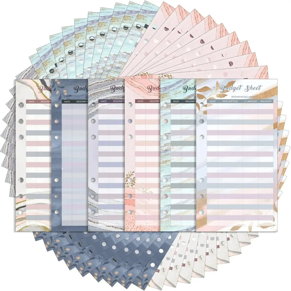 12매 A6 루즈리프 리필 예산지 6공 꽃무늬 지출 추적 리필 바인더 용지 현금 봉투용