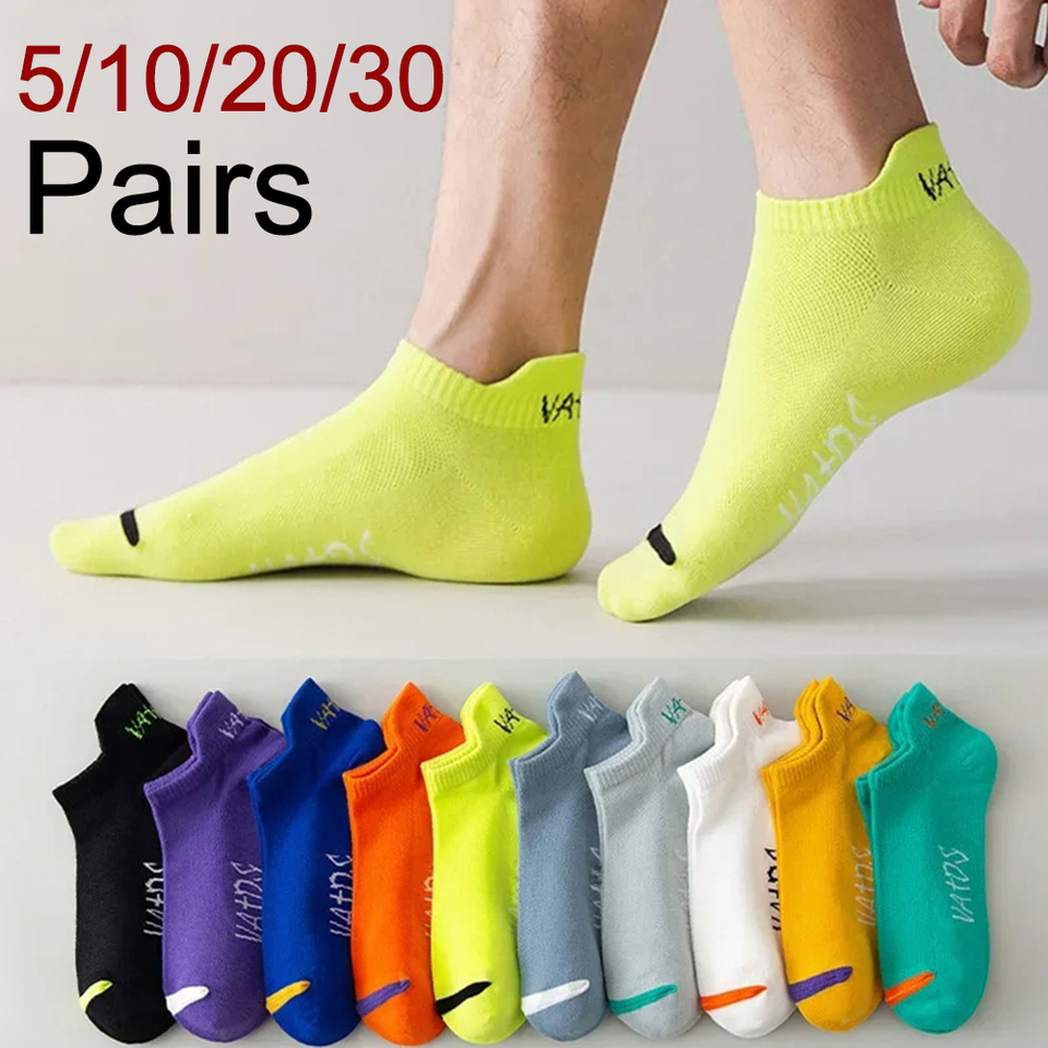 5/10/20/30 Pairs Men Ankle Socks Fashionable Letter Sports Style Odor Proof Sweat Absorbing Breathable Invisible Running Socks