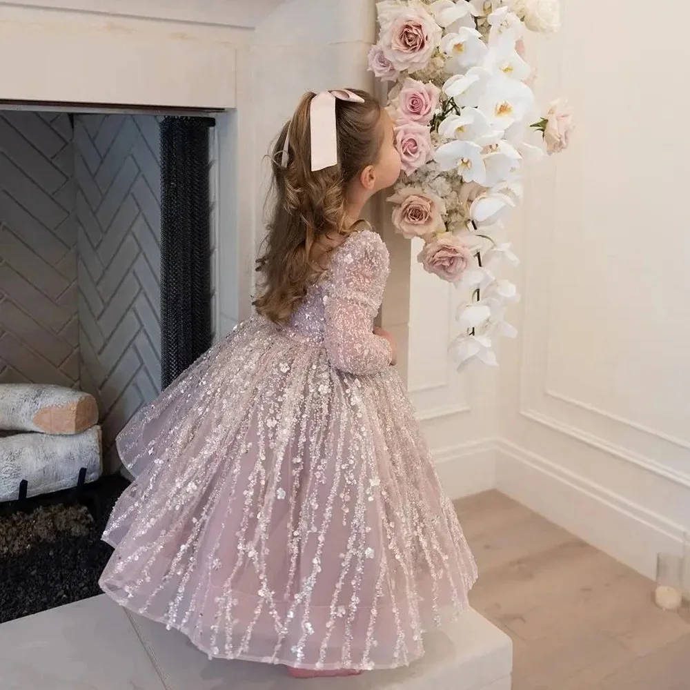 Customized Pink Tulle Flower Girl Dress for Wedding Lace Appliques Princess Kids Birthday Party First Communion Ball Gowns