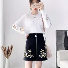 

Dress Sets Women Autumn Tide Newest Flower Embroidery Elegant Oversize Korean Style Office Ladies Pullover Two Piece Feminino