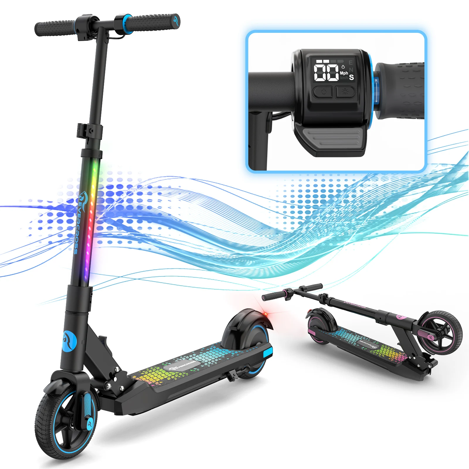 Electric Scooter EVERCROSS Electric Scooter Kids Foldable Scooter for Kids Ages 6-12 9.3 MPH & 5 Miles LED Display Colorful LED Lights UL