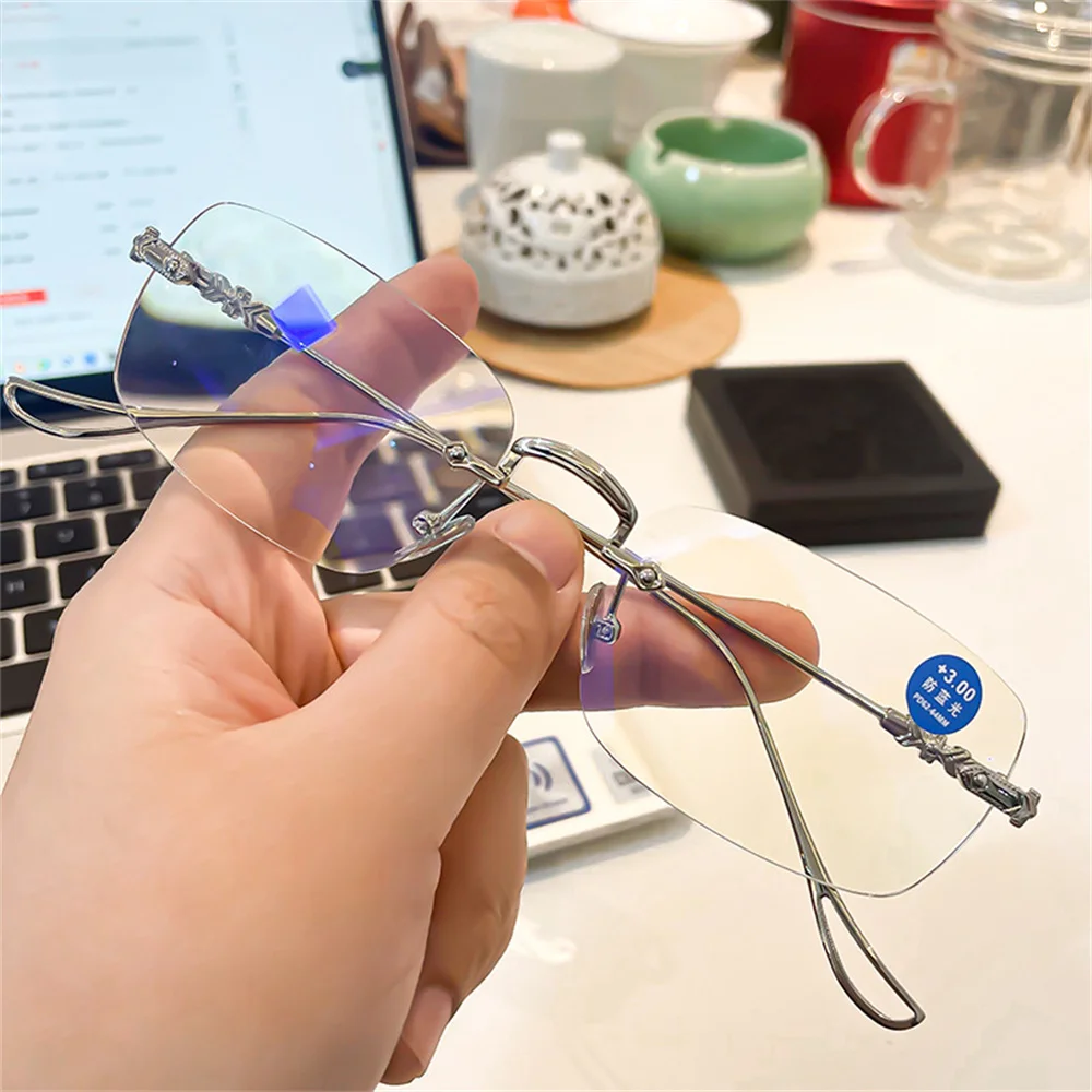 Elbru 0+1+1.5+2+2.5+3+3.5+4 Rimless Reading Glasses Women Men Anti Blue Light Luxury Presbyopia Eyeglasses Frameless Eyewear 4