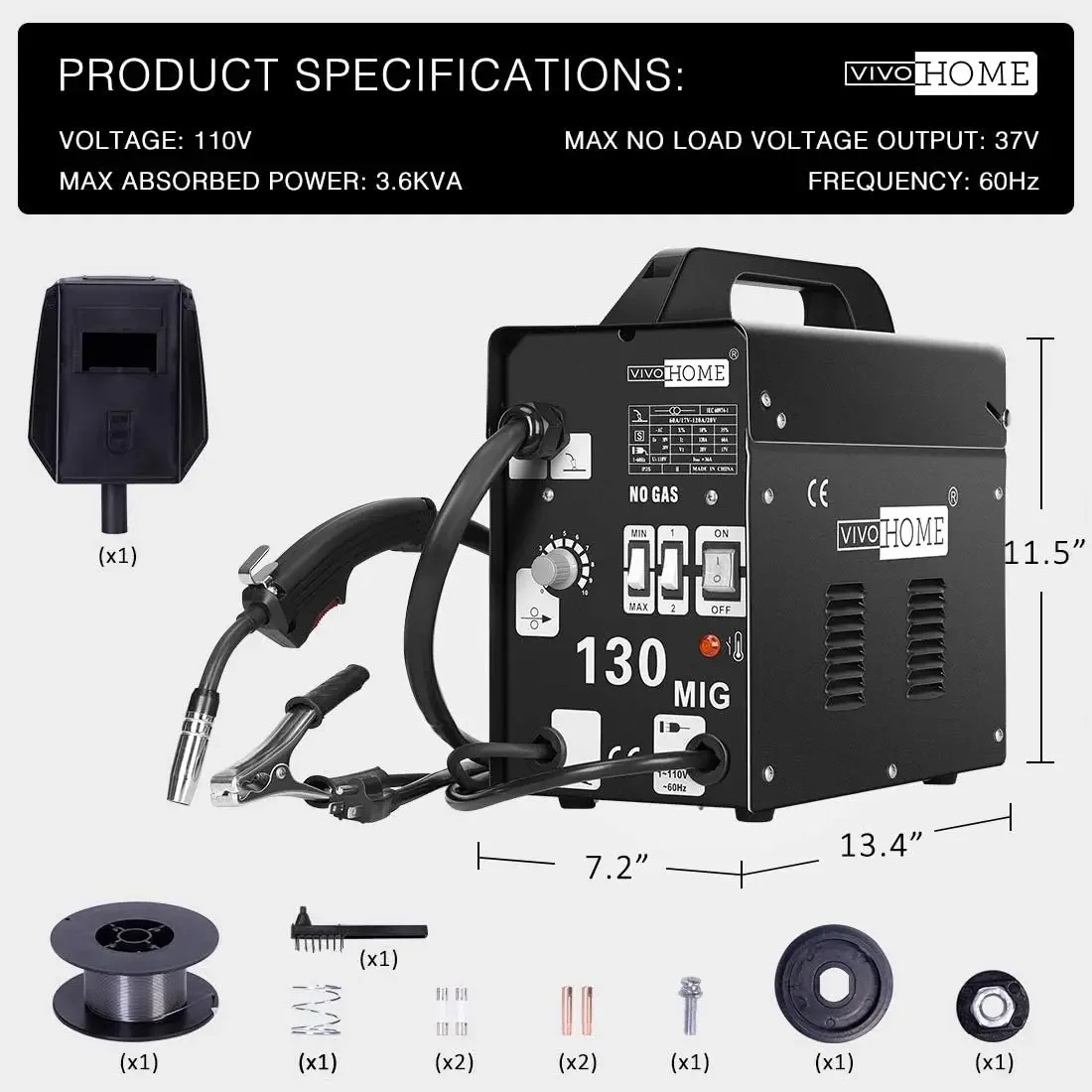 MIG Welder 130 Flux Core Wire Automatic Feed Welding Machine Portable No Gas 110V DIY Home Welder w/Free Mask Black
