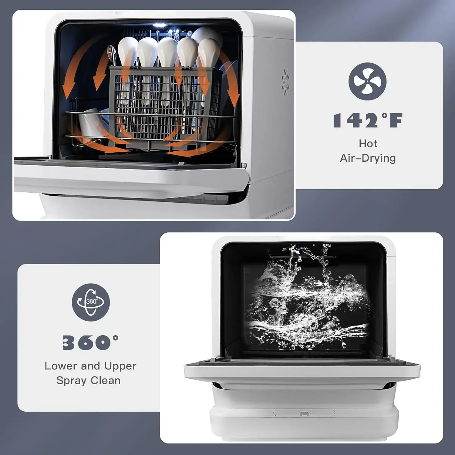 Portable Countertop Dishwasher Compact Dishwasher with 7.5 L Built-in Water Tank 360&deg; Dual Spray Arms 5 Washing Programs