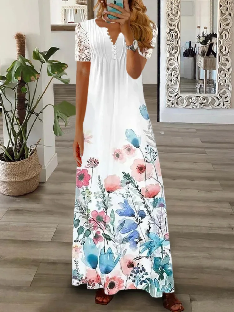 S1a802d96f3094943931f3fdf5d205a4a6 Spring/Summer Fashion Women's Short Sleeve Printed Lace Dresses Elegant Women's White V-neck Slim Fit Party Long Vestidos S-5XL Mallzona