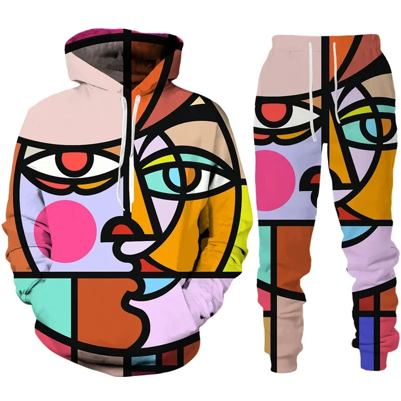 New Abstract Face Pants Set Women Men's Tracksuits 3d Printed Novelty Sportswear Men Hoodie Sweatshirt Suit Street Fashion Sets