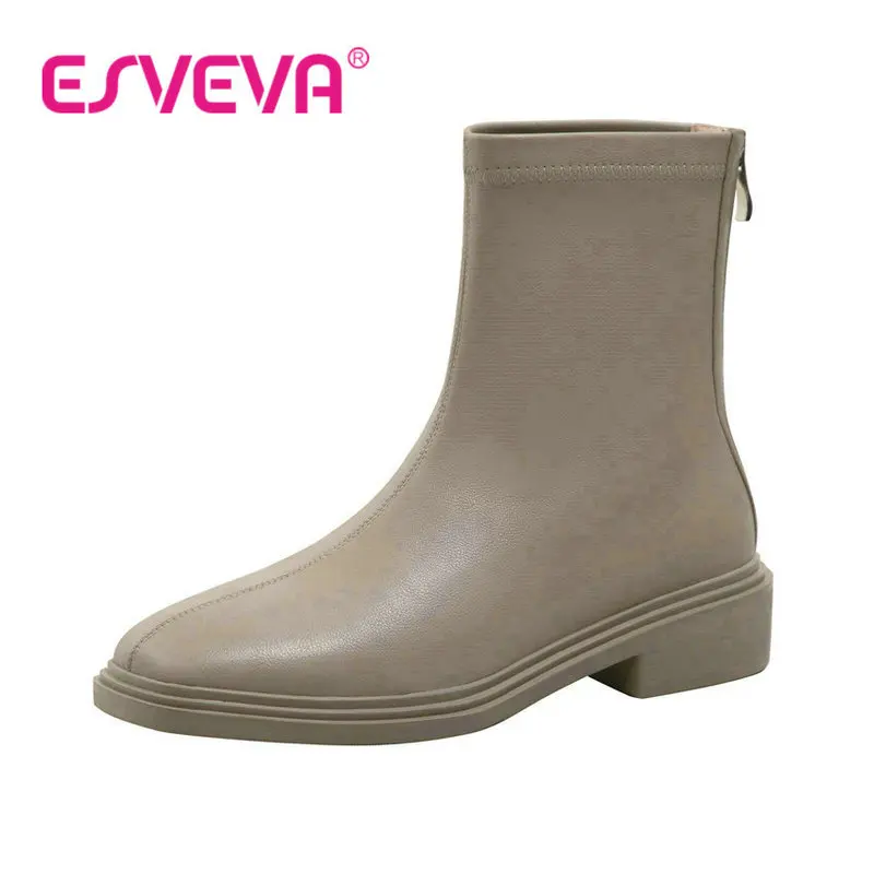 

ESVEVA 2023 Zipper Short Plush Fashion Ankle Boots Cow Leather British Nobility Style All Match Square Toe Shoes Size 34-40