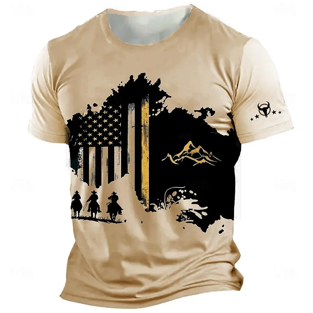 

US Flag Print T Shirt For Men Casual O-neck Short Sleeve Tops Fashion Trend West Cowboy Vintage Clothes Summer Oversized T-shirt