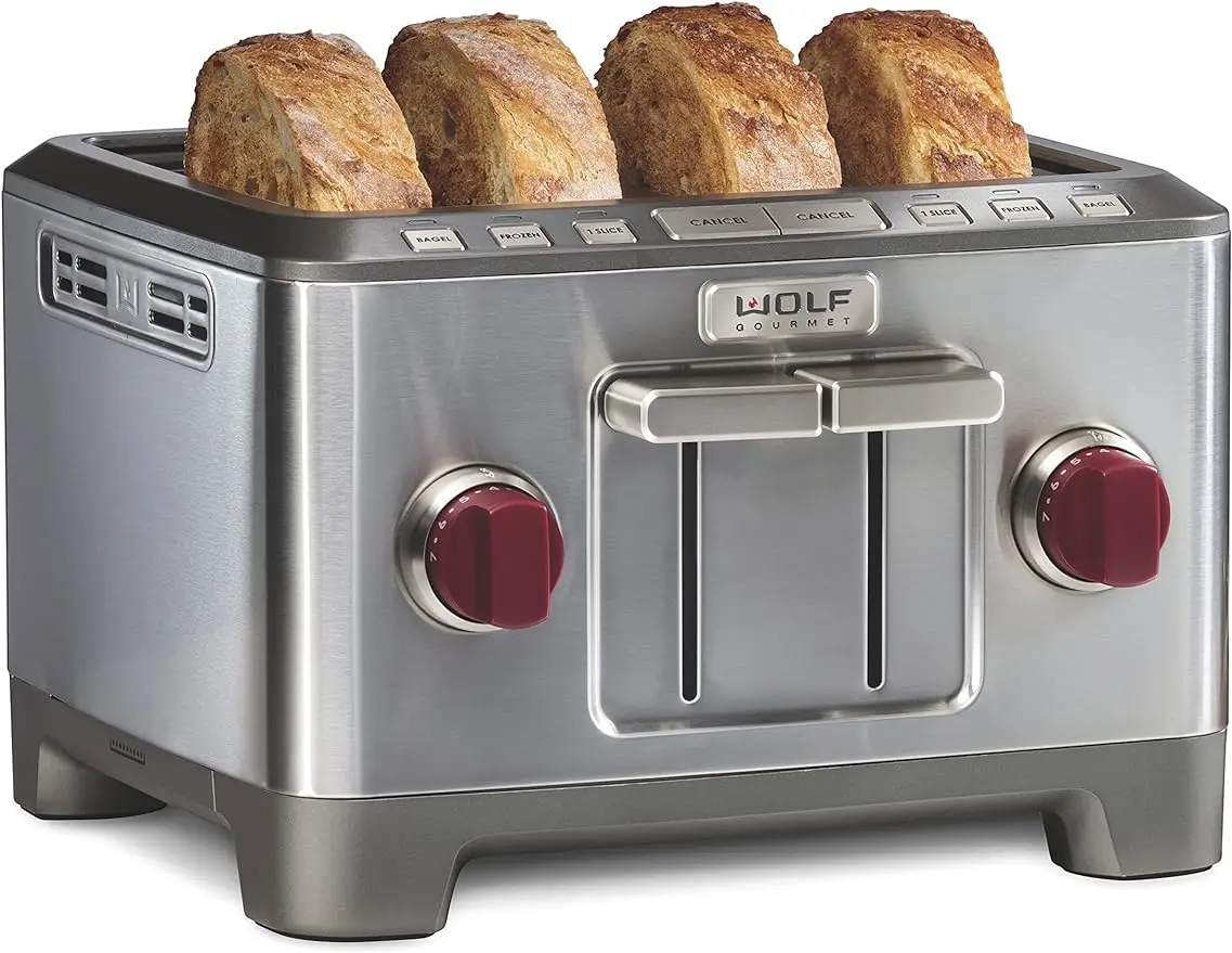 

Wolf Gourmet 4-Slice Extra-Wide Slot Toaster with Shade Selector, Bagel and Defrost Settings, Red Knob, Stainless Steel