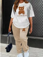 LW Plus Size Two Piece Lover Bear Skull Head Letter Print Pants Set Pullover Short Sleeve Tee&Sporty Trousers 2PC Activewears 1