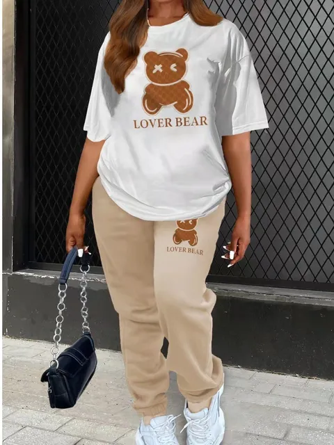 LW Plus Size Two Piece Lover Bear Skull Head Letter Print Pants Set Pullover Short Sleeve Tee&Sporty Trousers 2PC Activewears 1