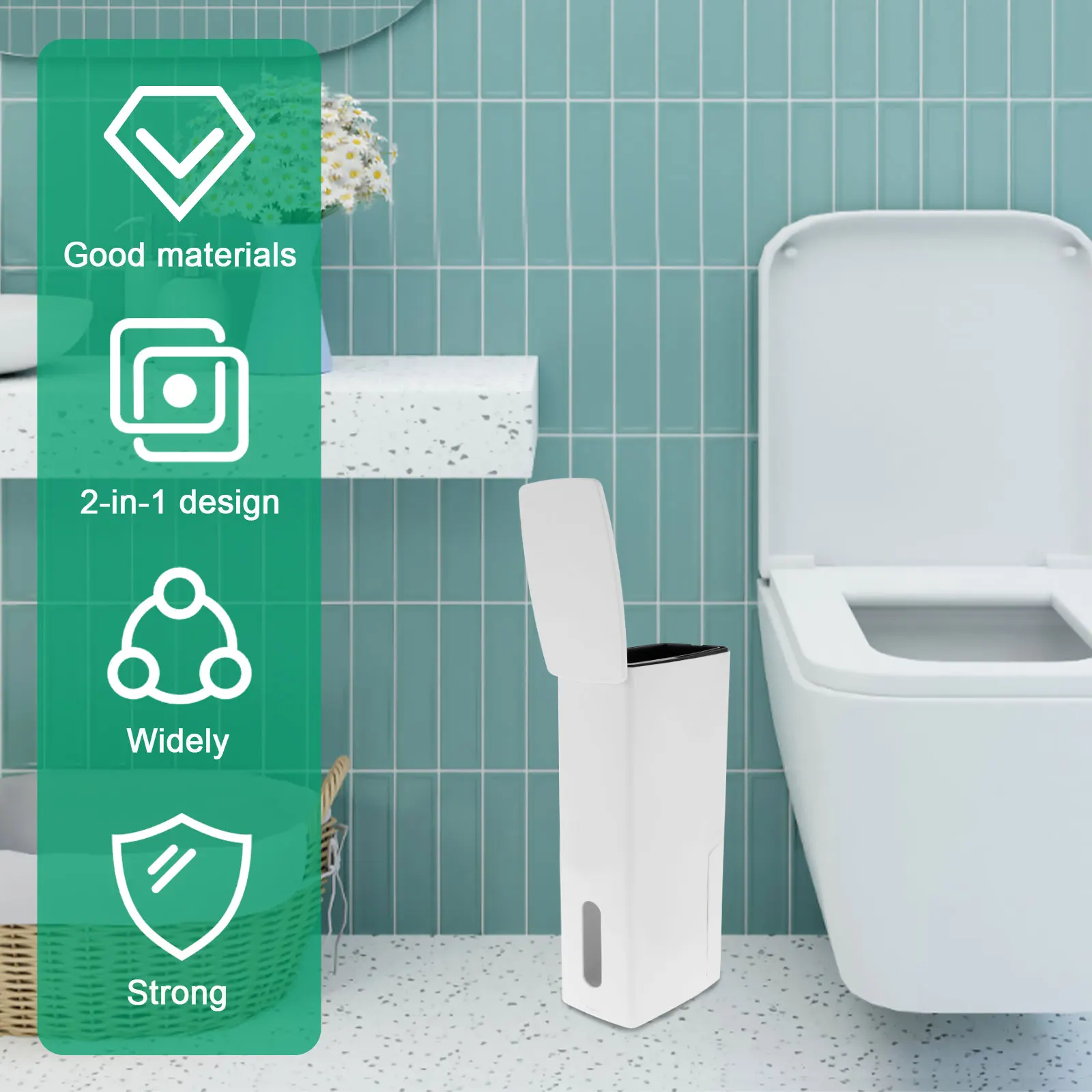 Slim Trash Can Narrow PP Integrated Toilet Brush Waste Bin with Flip Lid Draining Design for Bathroom Narrow Spaces Garbage Bin