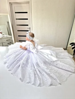 Customized White Lace Baby Flower Girl Dresses Lace Appliques Kids Newborn Party Feather Pearls First Communion Prom Gown 1