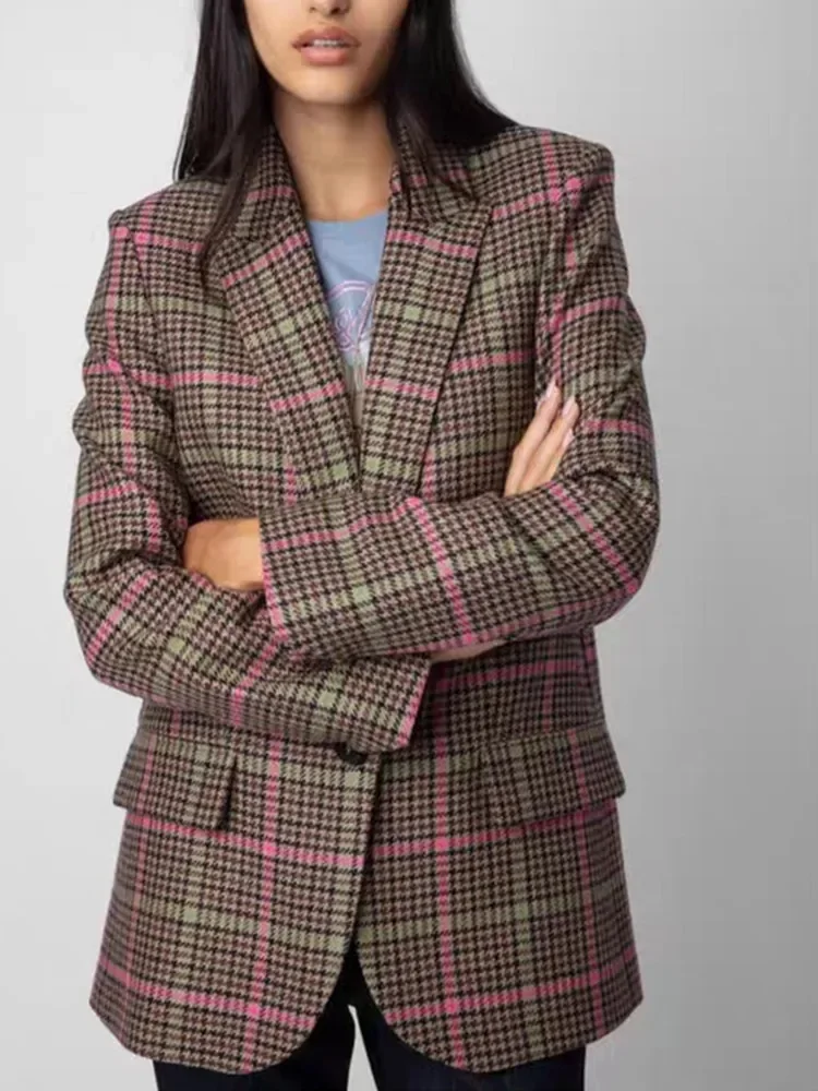 

Women’s Wool Blazer 2023 New Plaid Back Slit Commuter Single Button Simple Long Sleeve Suit Coat