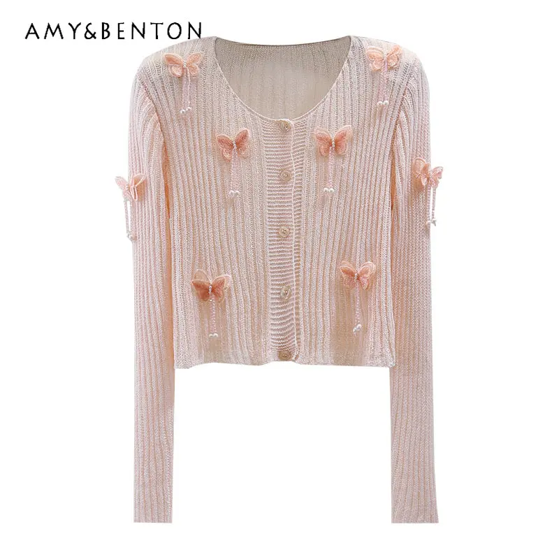 

Beaded Tassel Long Sleeve Ice Silk Sun Protection Shirt 2023 Summer Slimming Butterfly Embroidered High Waist Short Sweater Coat