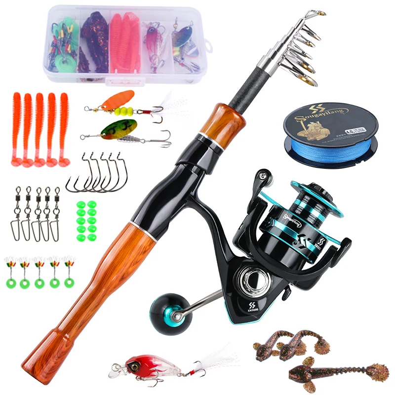 Sougayilang Fishing Rod and Reel Combo 1.6 M Telescopic Fishing Rod  2000-3000 Spinning Reel with Fishing Hook Lure Line Full Kit