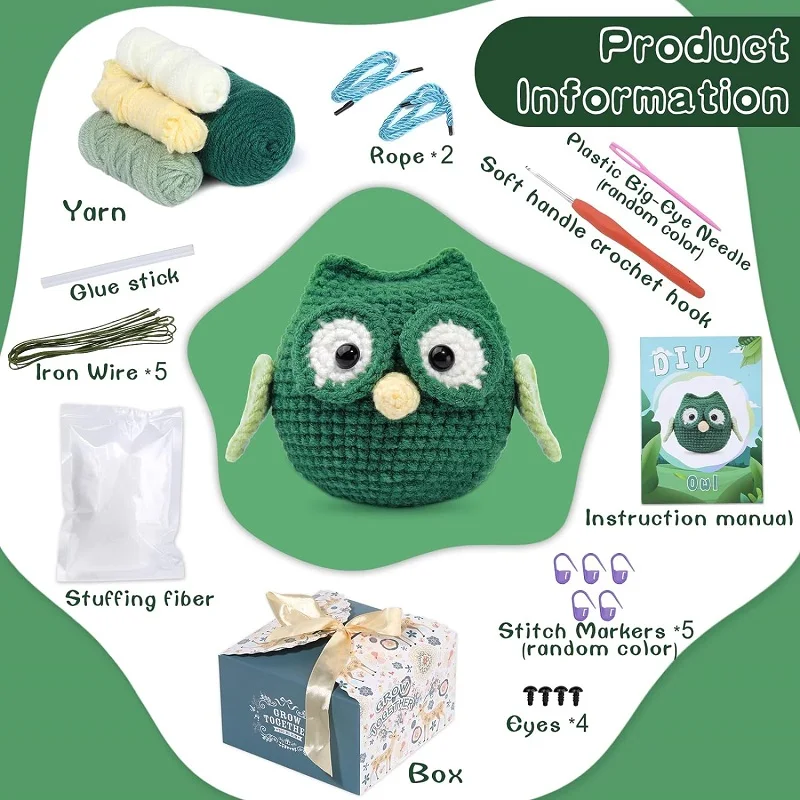 LMDZ Crochet Kit for Beginners Crochet Starter Kit Owl Crocheting Animals with Hooks Yarn Polyester Fiber for Adults crochet kit