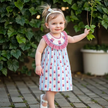 Cute Baby Girls Patriotic Sleeveless Dress with Stars and Stripes Print Ruffled Trim and Bow Detail for Independence Day 4