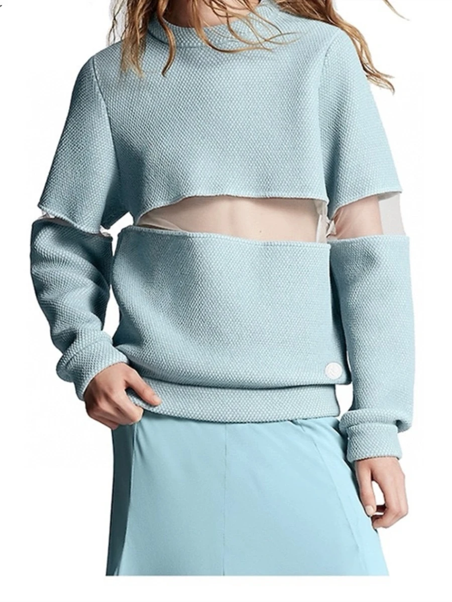 

ALA Rising|24SS Early Spring New Round Neck Splicing Transparent Yarn Hoodie Y2k Women Clothes Casual Mesh Waist Pullovers