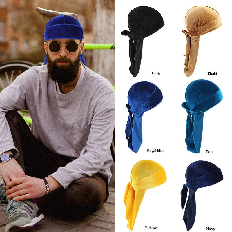 New Unisex Velvet Durags Bandana Turban Hat Men Women Breathable Warm Long Tail Doo Rag Durags Pirate Hat Hip Hop Headband unisex colorful laser silky durag hip hop doo rag headwrap bandanas du rag long tail hair accessories for party outdoor