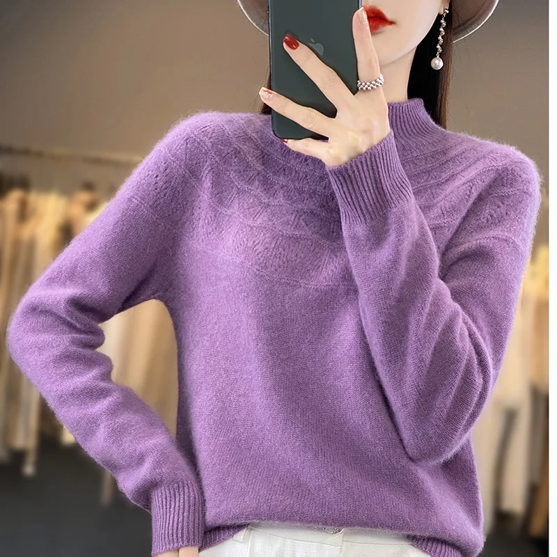 

2024 New Autumn Winter Mock Neck Cashmere Sweater Women Long Sleeve Cashmere Sweater Pullover