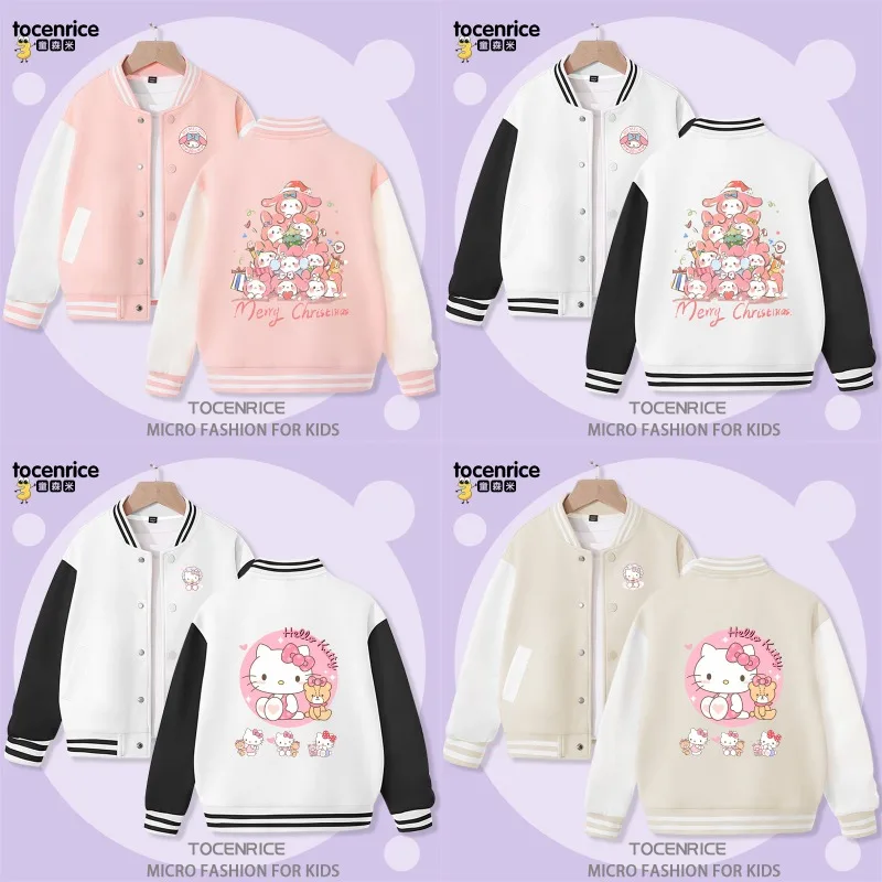 Kawaii Sanrio Hello Kitty Jacket Cinnamoroll My Melody Kuromi Overcoat Spring Autumn Kids Loose Sports Baseball Uniform Clothes бутылка для воды quange hello life tritan sports cup 480мл серая