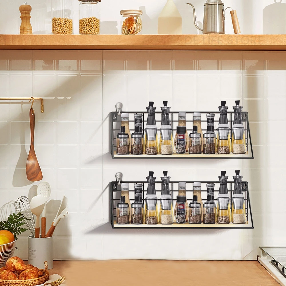 Spice Rack For Kitchen Hanging Wooden Spice Jar Storage Shelf Wall Kitchen Organizer Seasoning Holder Kitchen Accessories 2