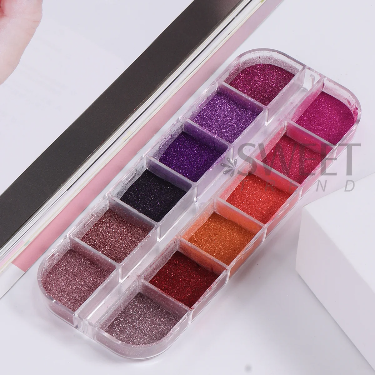 12 Grids Sweet Pink Magic Mirror Nail Glitter Powder Purple Red Metallic Chrome Rubbing Dust DIY Valentine Trend Decor Manicure