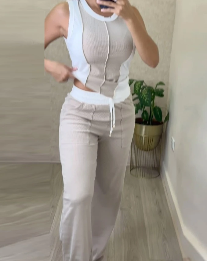 Women's Casual Set 2024 Summer Color Blocking O-Neck Sleeveless Vest and Drawstring High Waist Pocket Design Pants Two-Piece Set