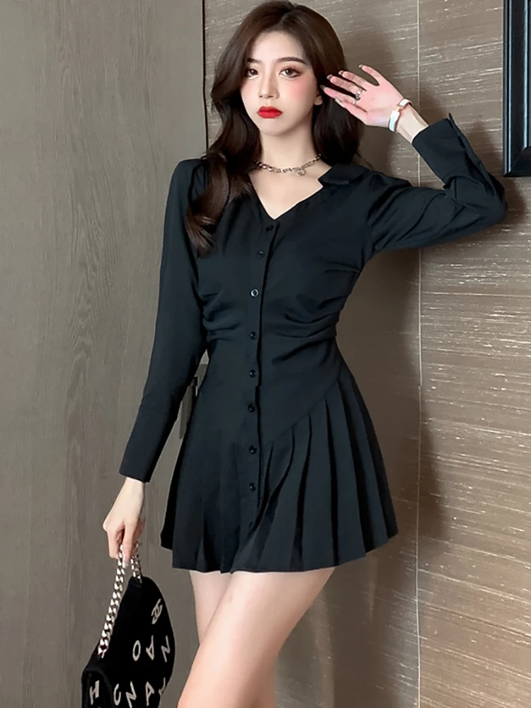   여성용 우아한 바디콘 셔츠 드레스, 한국 빈티지 헵번 무도회 의류, 긴 소매 플리츠 드레스, 2023 블랙, 가을, 겨울 패션 