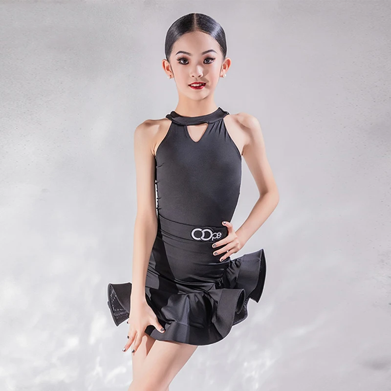 

2024 Black Latin Dance Competition Dress Girls Summer Practice Wear Sleeveless Rumba ChaCha Salsa Dance Outfit Tops Skirt DL1172