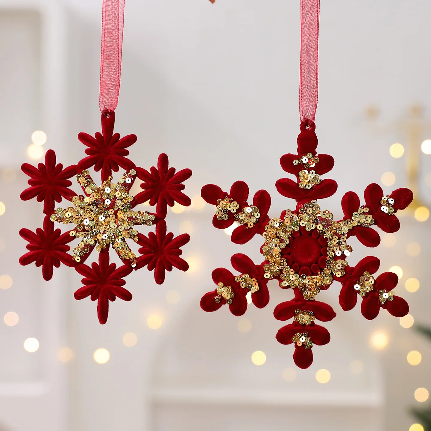 Wine Red Plush Christmas Tree Pendant Gold Sequin Glitter Bow Snowflake Elk Hanging Ornaments Flocking Christmas Pendant