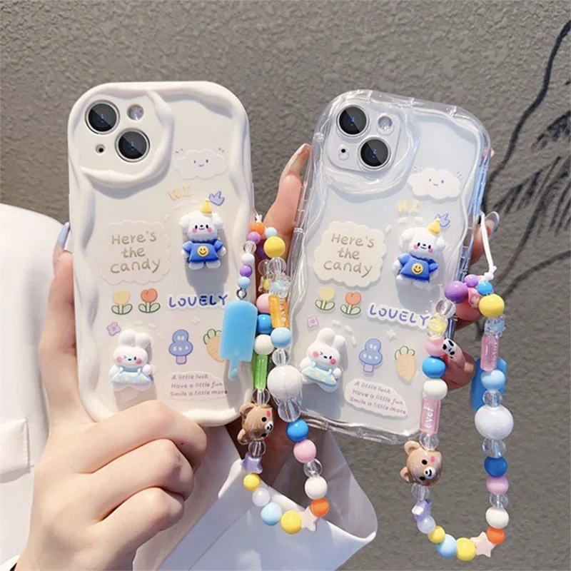 3D Rabbit Puppy Cartoon Wave Soft Phone Case with Lanyard