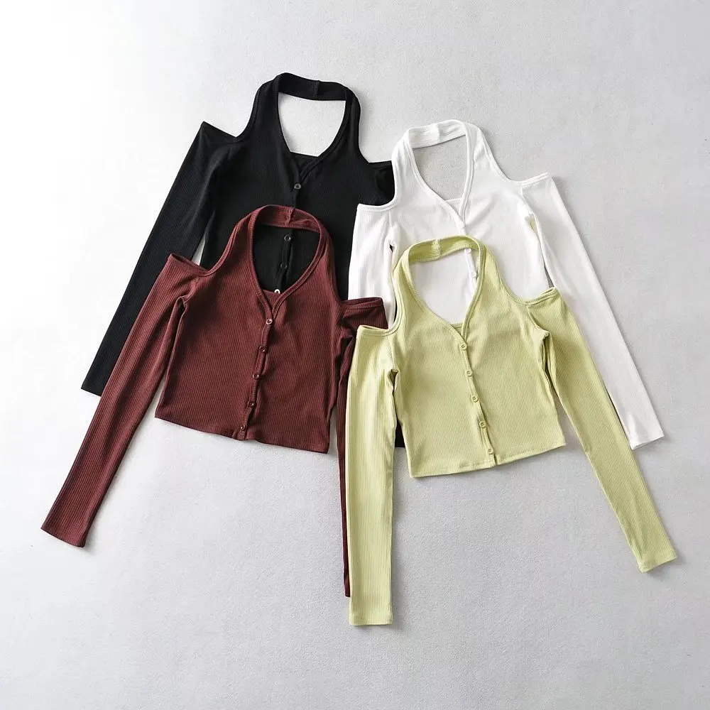 

2022 Fashion Leaky Shoulder Breasted Top Hot Girl Sexy Halter Solid Color Bottoming Shirt Long Sleeve T-Shirt women clothes