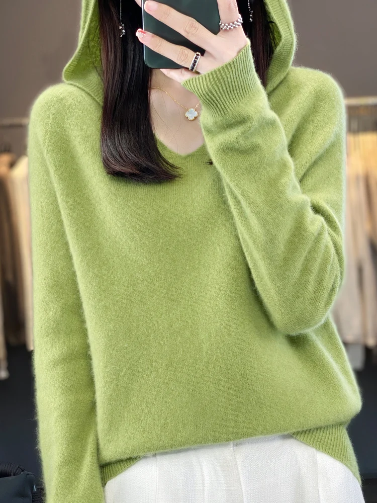 Hooded Cashmere Sweater for Women, 100% Merino Wool, Hooded Pullover, V-Neck Top, Women's Clothing Base, Winter and Autumn