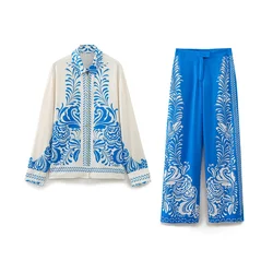 Women's summer fashion loose print casual lapel shirt retro long sleeved Button up women's shirt chic top+Pants Women's suit